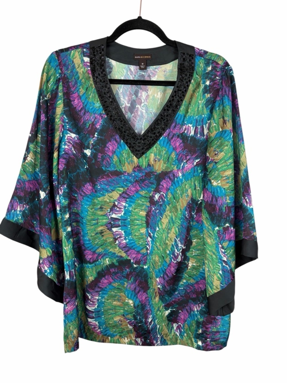 Dana Buchman Colorful Beaded V Neck Blouse Boho Abstract Print Flowy Top Medium